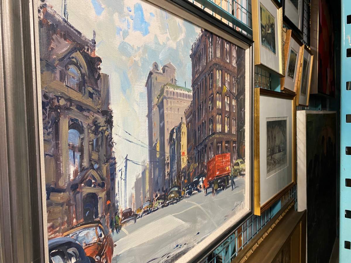 Several pieces hanging in the St. Lawrence Market archive.
