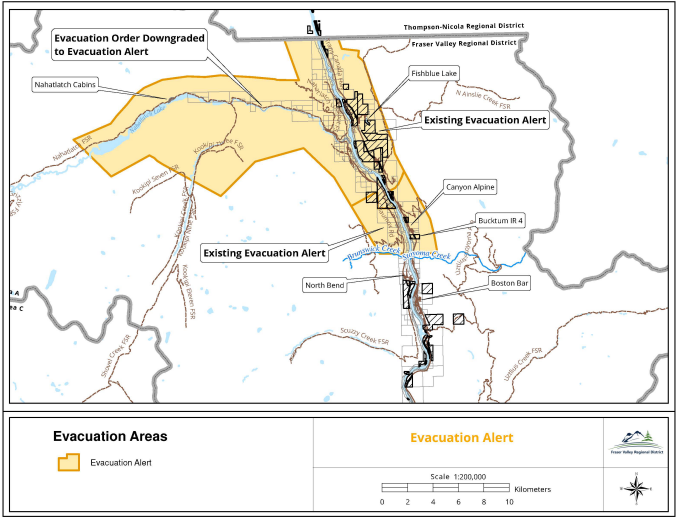 A map shows the Kookipi Creek wildfire evacuation alert areas of the Fraser Valley Regional District as of Mon. Sept. 4, 2023.