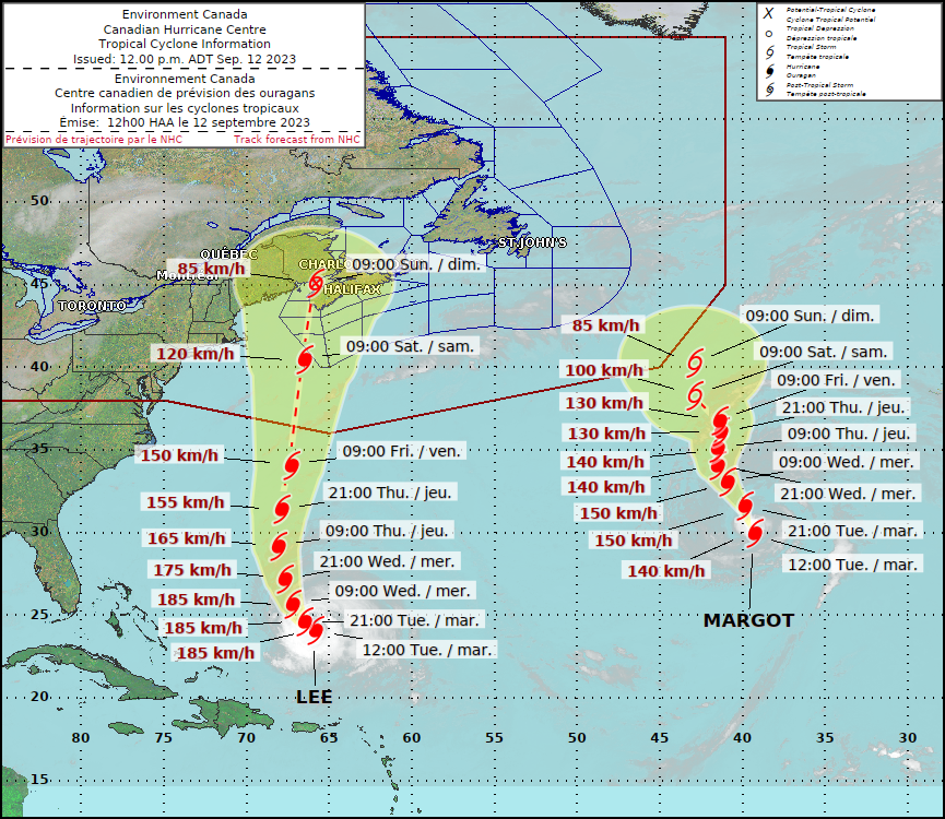The Canadian Hurricane Centre’s track for Hurricane Lee, as of 12 p.m. Tuesday.