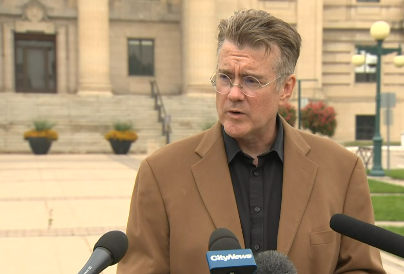 Manitoba Liberal Leader Dougald Lamont speaks outside the Manitoba Legislative Building.