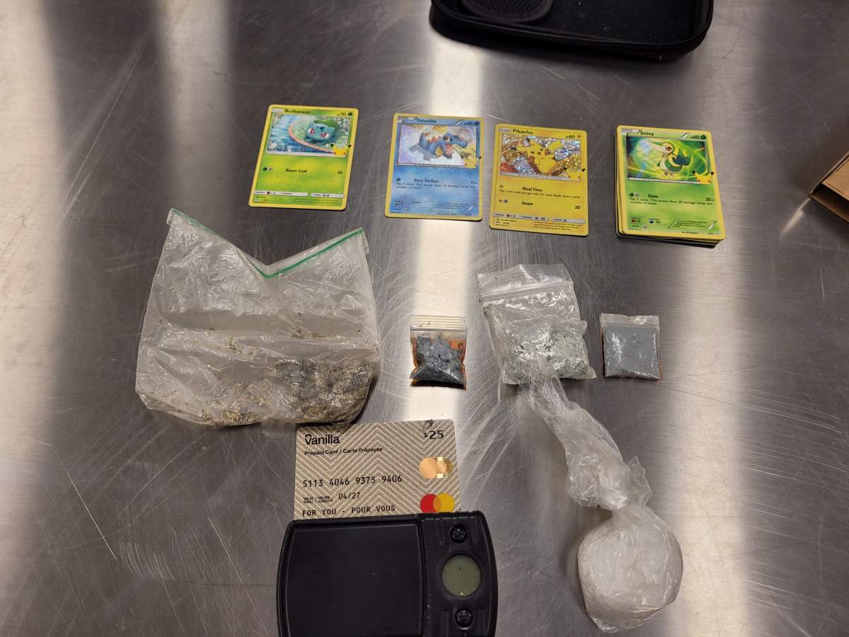 Illicit drugs, Pokemon cards and stolen items seized during a Sept. 3 stolen vehicle investigation in Cochrane.