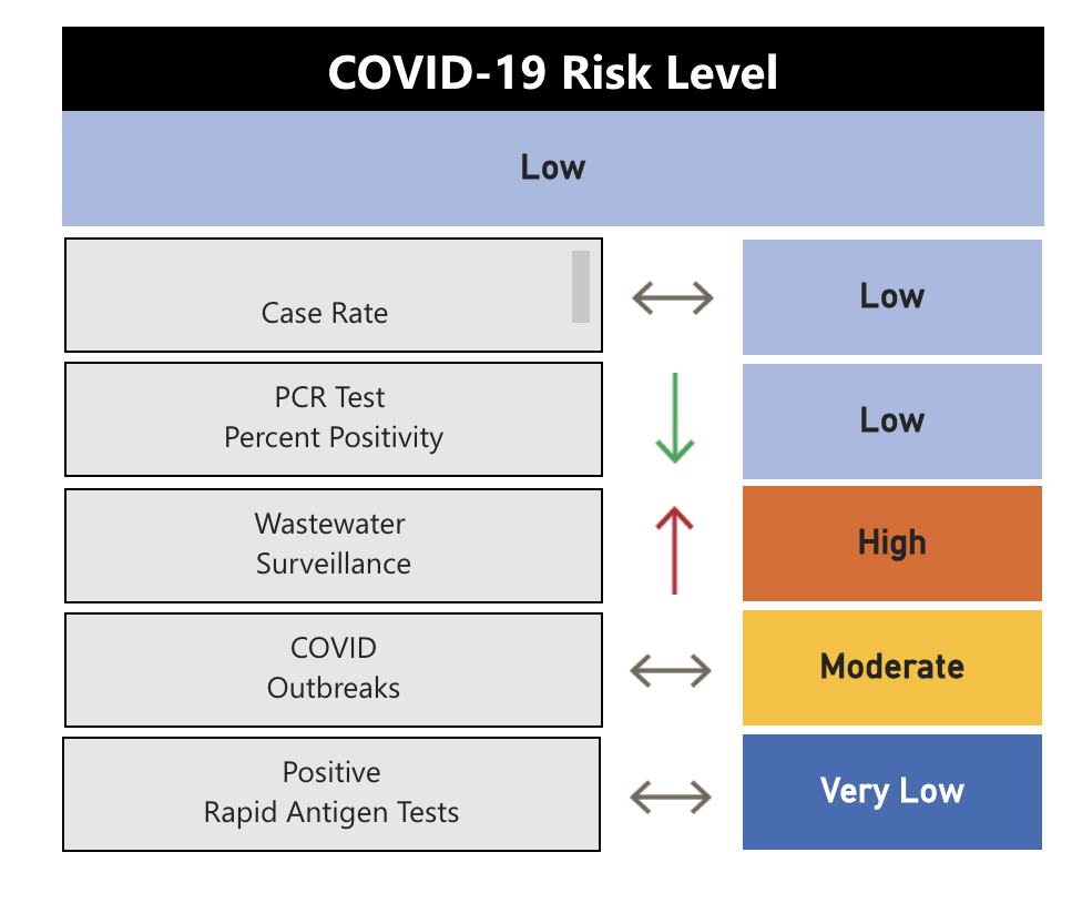 COVID-19 risk index and indicators from Peterborough Public Health on Wednesday.