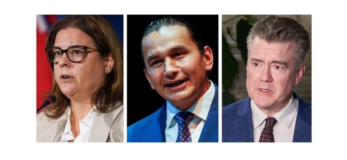 In this composite image made from three photographs, from right to left, Progressive Conservative Party of Manitoba Leader Heather Stefanson speaks during a news conference in Whistler, B.C., Tuesday, June 27, 2023; Manitoba NDP Leader Wab Kinew speaks at the Canadian Mennonite University in Winnipeg, Wednesday, Aug. 16, 2023; and Manitoba Liberal Party Leader Dougald Lamont speaks to the media at the Legislature building, in Winnipeg, Tuesday, March 7, 2023.