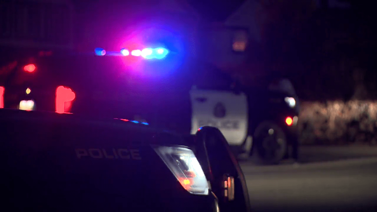 A photo of Calgary police vehicles with the lights on.