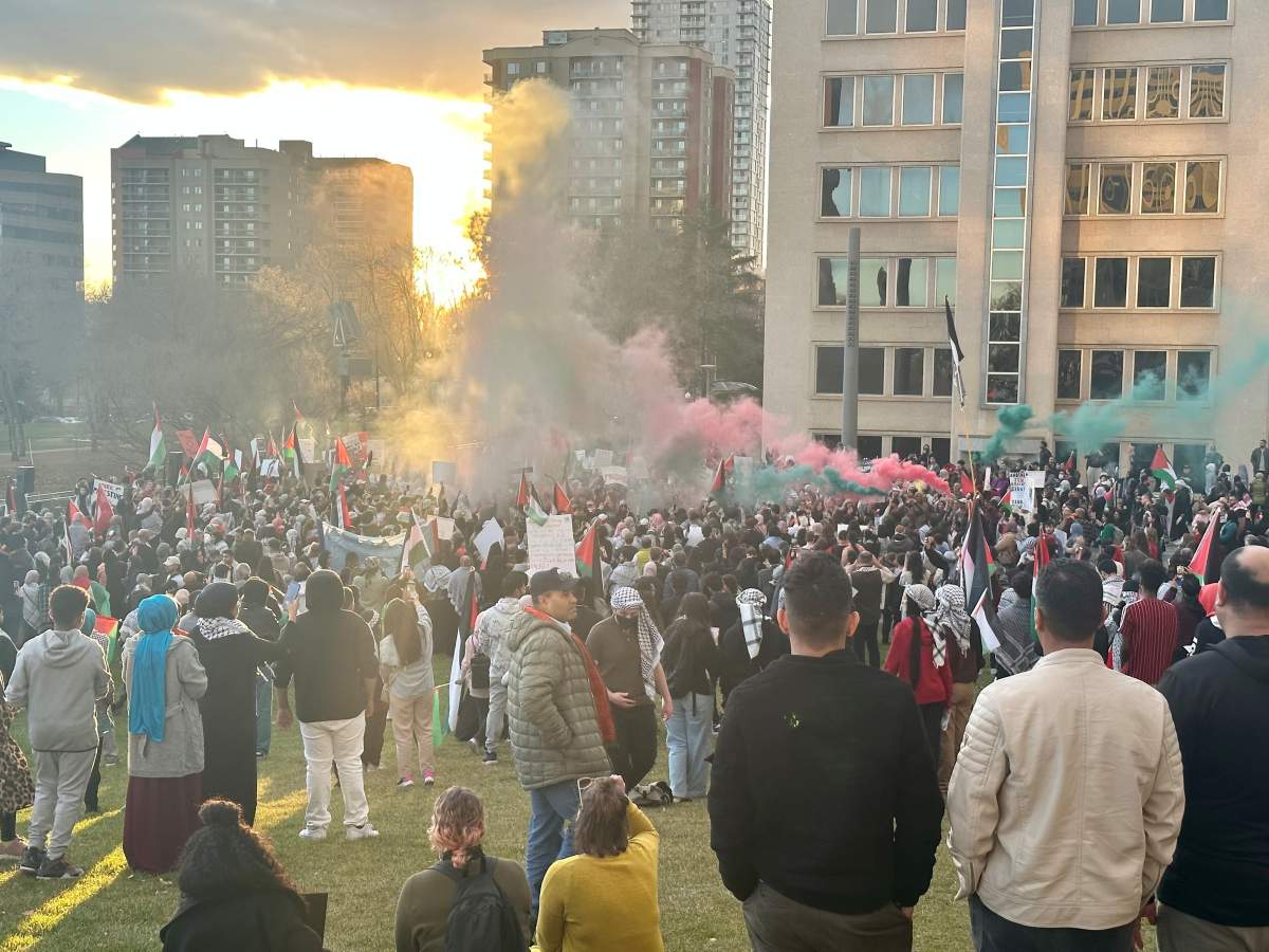 An emergency demonstration and sit-in at the Alberta legislature on Wednesday, Oct. 18, 2023 organized by the Edmonton Palestinian community.