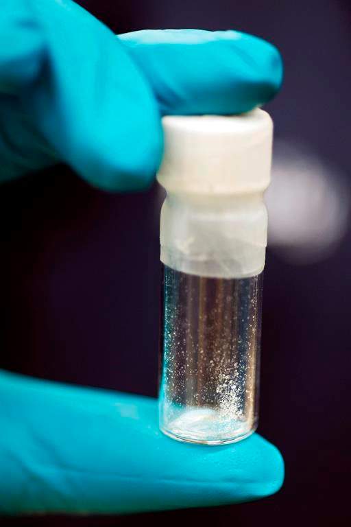 FILE - A vial containing 2mg of fentanyl, which will kill a human if ingested into the body, is displayed at the Drug Enforcement Administration (DEA) Special Testing and Research Laboratory in Sterling, Va., on Aug. 9, 2016. More than 1,100 people died from toxic drugs in Alberta this year, much higher than pre-pandemic numbers in the same time period. (AP Photo/Cliff Owen, File).