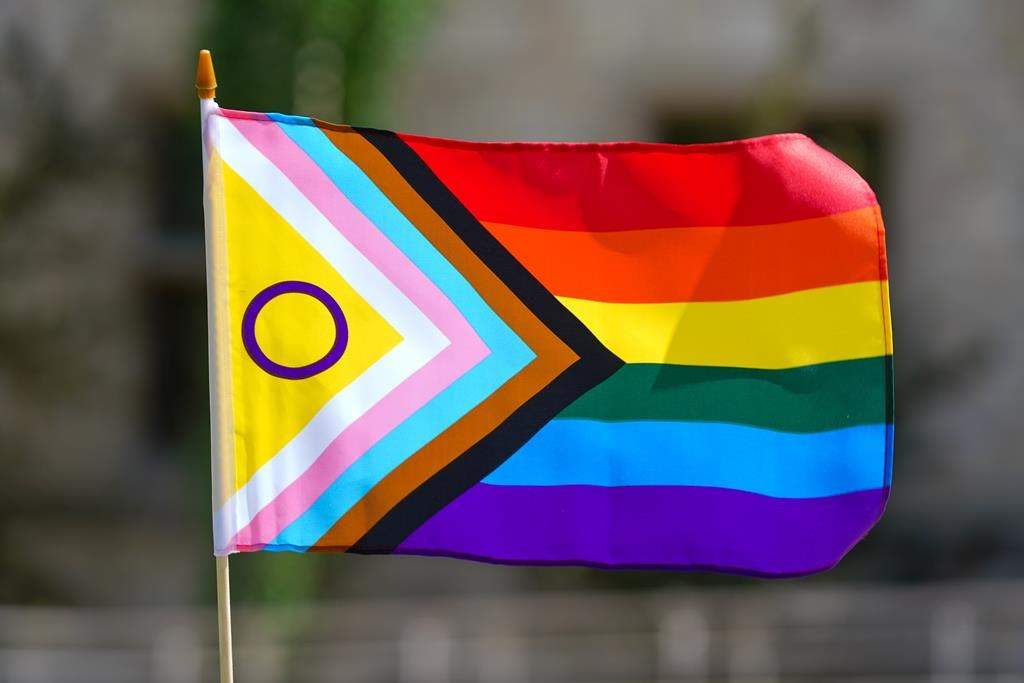 A pride flag is photographed during a Pride flag raising ceremony in Saskatoon on June 1, 2023.  