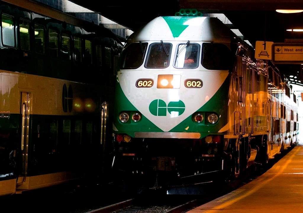 The first GO Transit MP40 locomotive arrives at the platform in Toronto, Tuesday, Jan. 15, 2008.