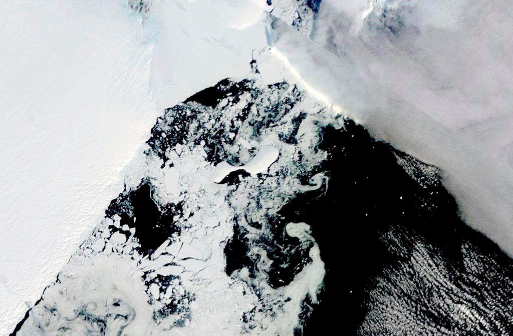 FILE - This satellite image provided by NASA, shows icebergs that formed through an ice shelf collapse. Dozens of Antarctica’s ice shelves, floating extensions of glaciers, showed significant shrinking between 1997 and 2021, a study published Thursday, Oct. 12, 2023, found.