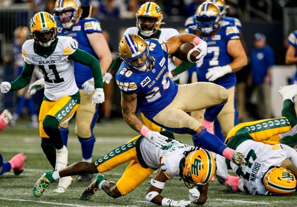 The Winnipeg Blue Bombers’ Brady Oliveira (20) runs for the first down against the Edmonton Elks during first-half CFL action in Winnipeg, Saturday, Oct. 21, 2023.