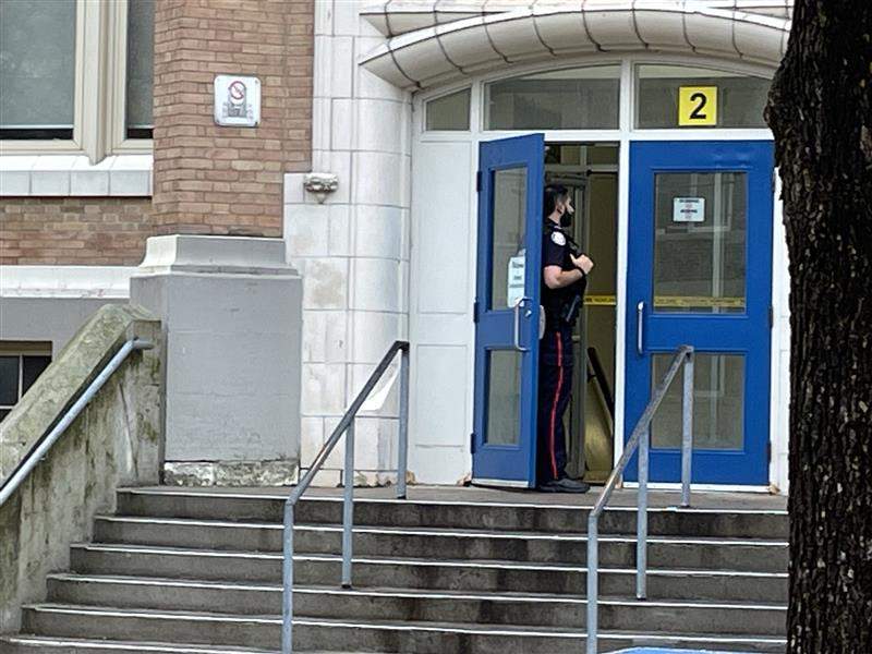 Toronto police officer at Oakwood Collegiate on Thursday.