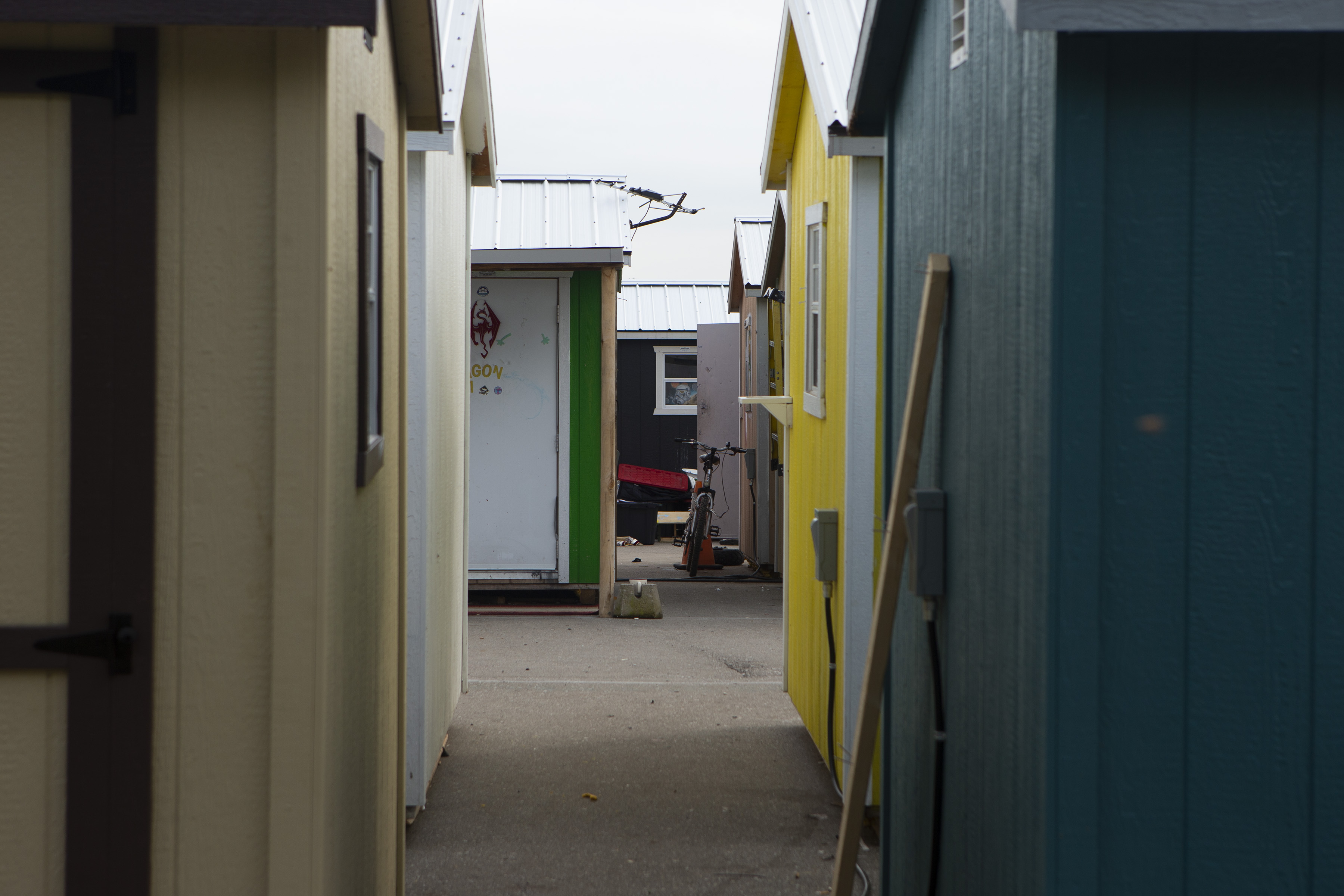 A general view of the "A Better Tent City," community is shown in Kitchener, Ont., on Thursday, October 14, 2021. The community provides small cabins set up as an alternative to the homeless shelter system in the area. THE CANADIAN PRESS/Chris Young.