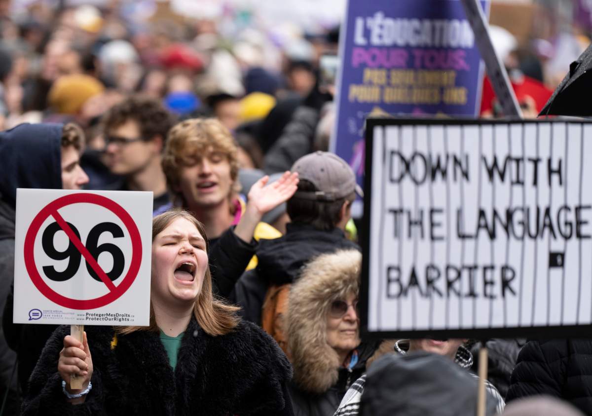 Students protest against the Quebec government’s planned tuition hikes for out-of-province students attending English universities in Montreal, Monday, Oct. 30, 2023.