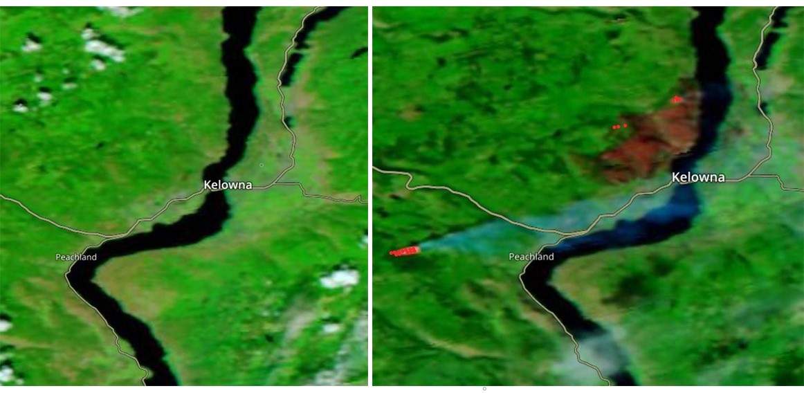 Satellite photos showing the Central Okanagan on July 30, 2023, then on Sept. 20, 2023.