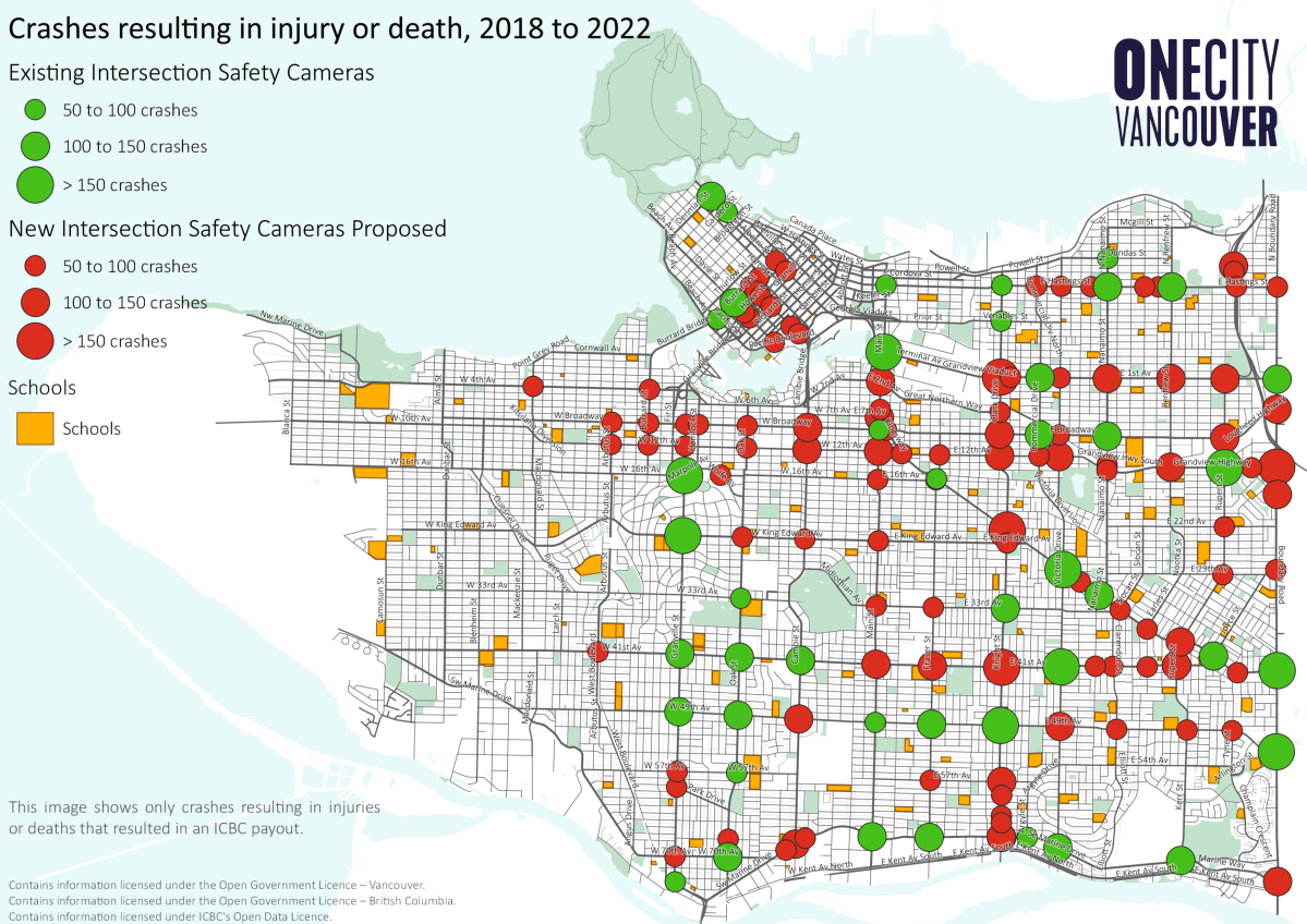 A map showing the location of new automated traffic cameras proposed by OneCity Coun. Christine Boyle.