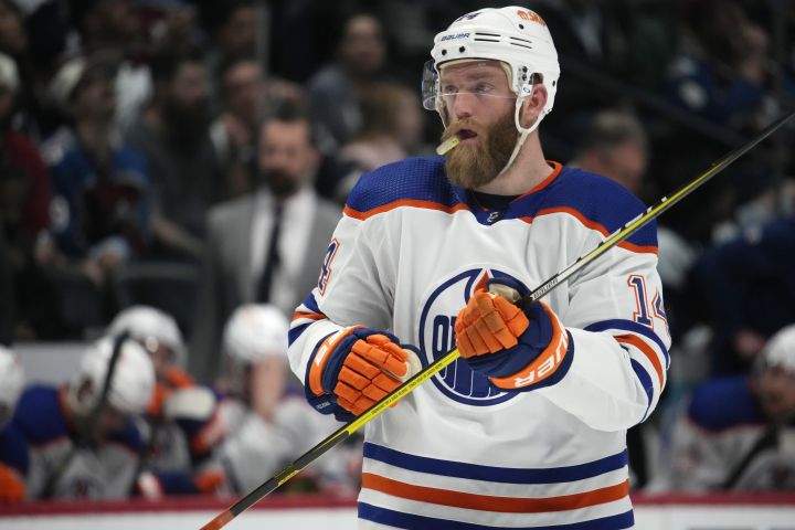 Edmonton Oilers defenceman Mattias Ekholm waits for a faceoff in the second period of the team's NHL hockey game against the Colorado Avalanche on Tuesday, April 11, 2023, in Denver.