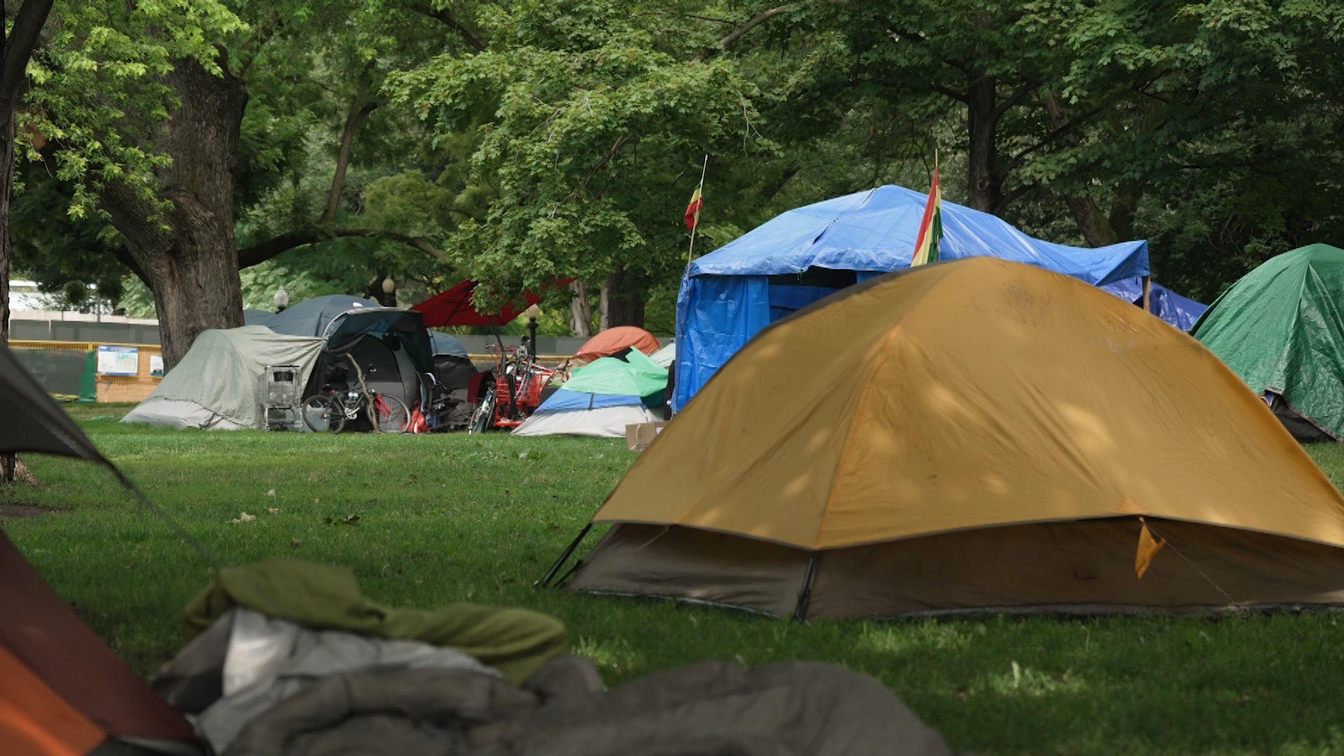 Tents in Toronto’s Allen Garden. Encampments like this are common across Toronto, where the cost to rent a one-bedroom apartment is more than $2,500 per month.
