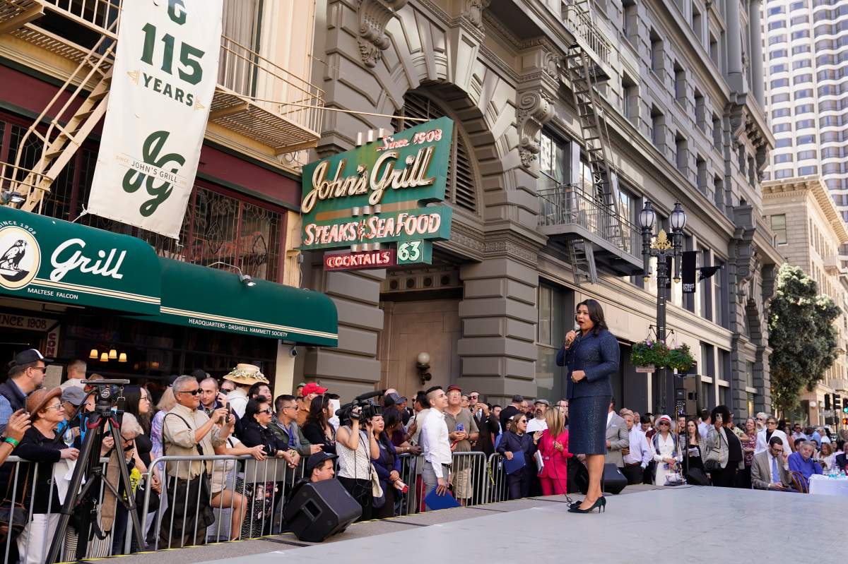San Francisco Mayor London Breed pays tribute to the late Sen. Dianne Feinstein outside John’s Grill in San Francisco, Wednesday, Oct. 4, 2023. The restaurant, which celebrated its 115th anniversary Wednesday with a free lunch and appearances by the mayor and other politicians, paid tribute to Sen. Feinstein who died last week.