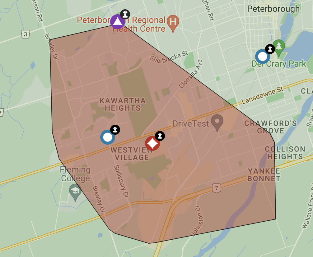 A map of the outage area in the west end of Peterborough on Oct. 13, 2023.