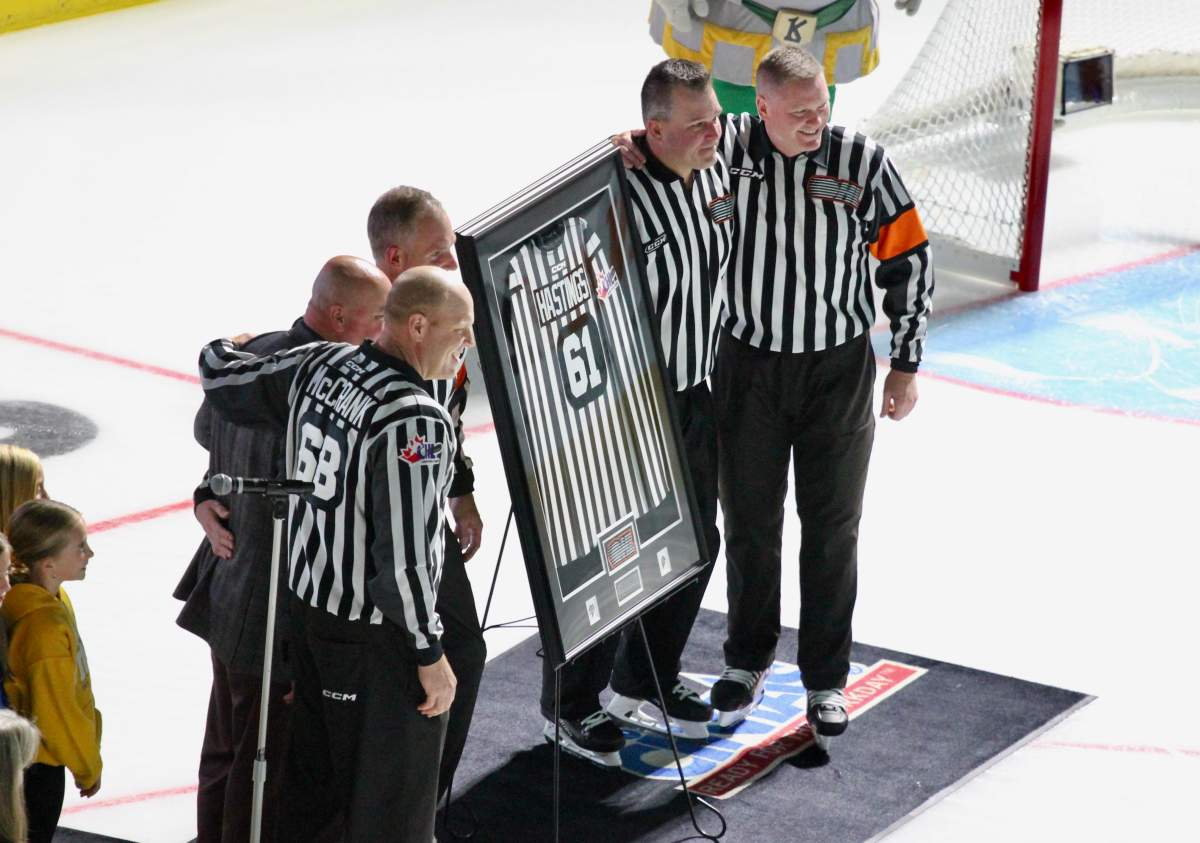 Linesperson Kevin Hastings honoured in his final OHL game.