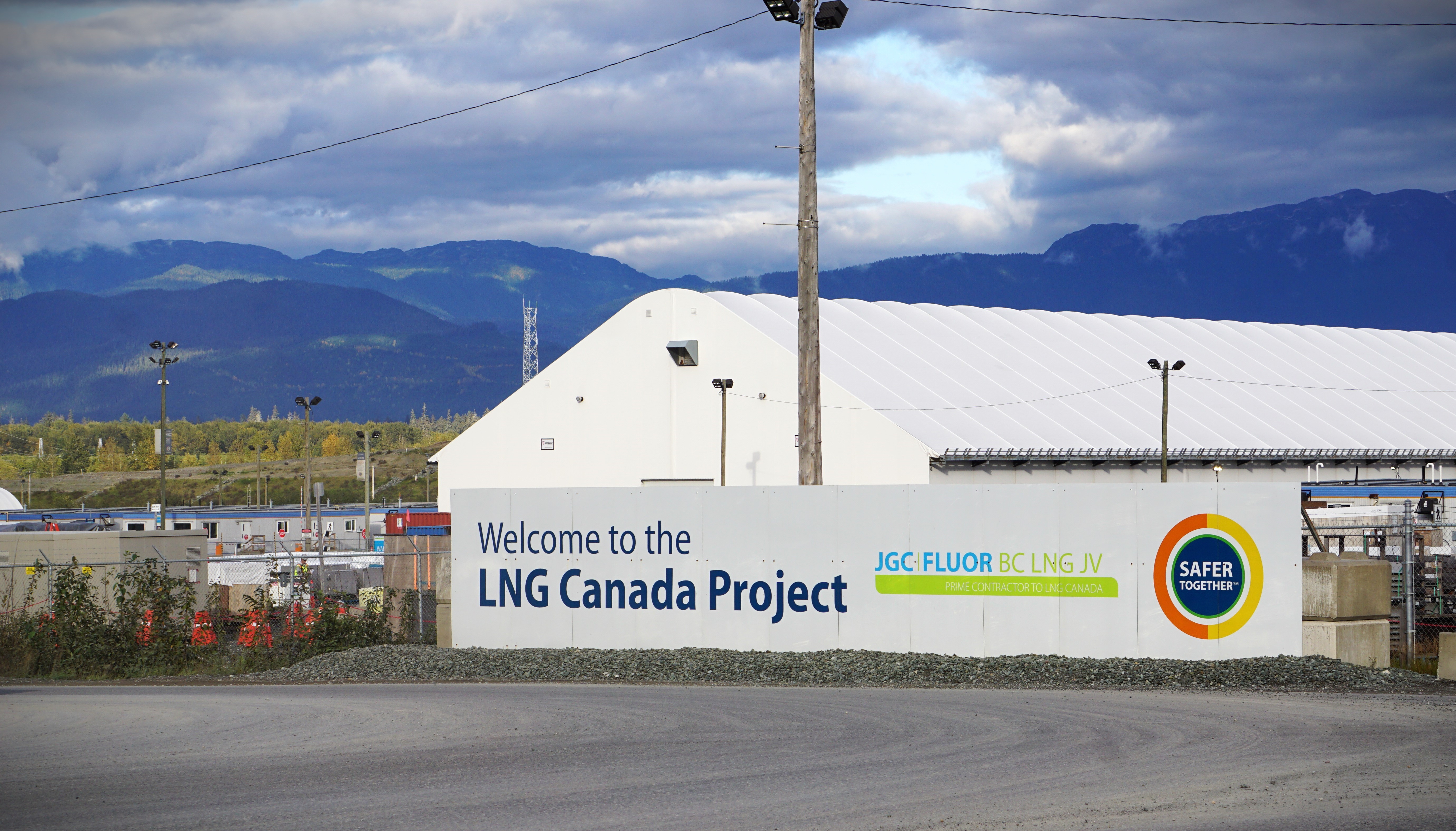 The entrance to LNG Canada's construction site in Kitimat, B.C. is seen on Fri. Sept. 29, 2023.