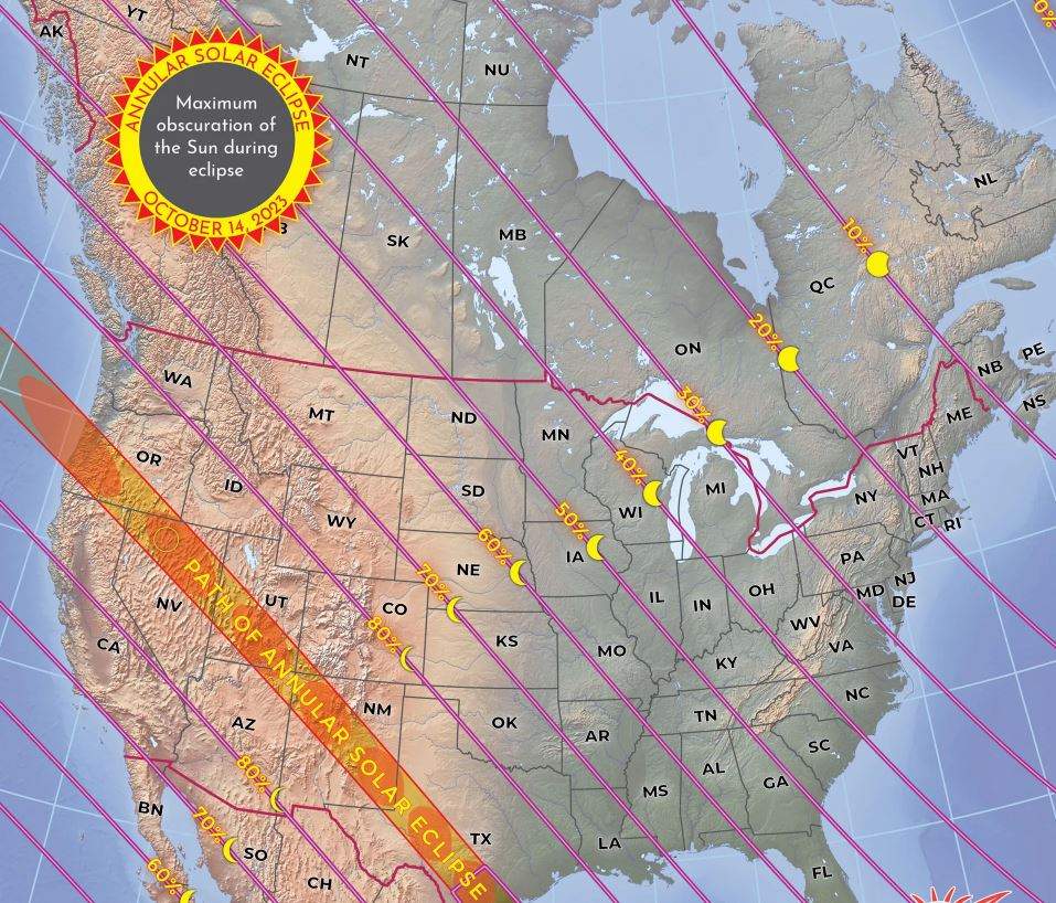 A map showing the path of the annular eclipse on Oct. 14, 2023.