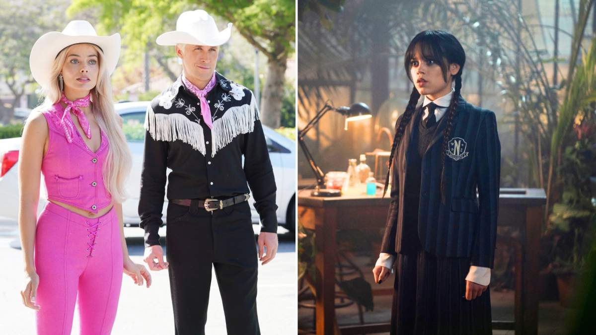 Three potentially popular Halloween costumes for 2023 will be, from L-R: Barbie and Ken in 'Barbie' and Wednesday Addams in 'Wednesday.'
