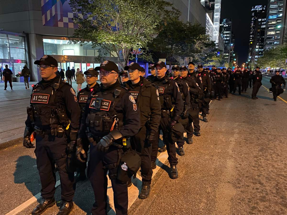 Toronto police’s public order officers on standby on Oct. 17, 2023.