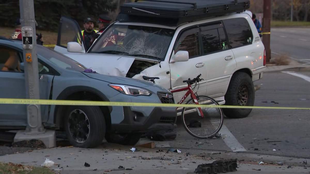 Police say two of the cars were likely making turns when the collision happened at Canyon Meadows Drive in the Parkland area.