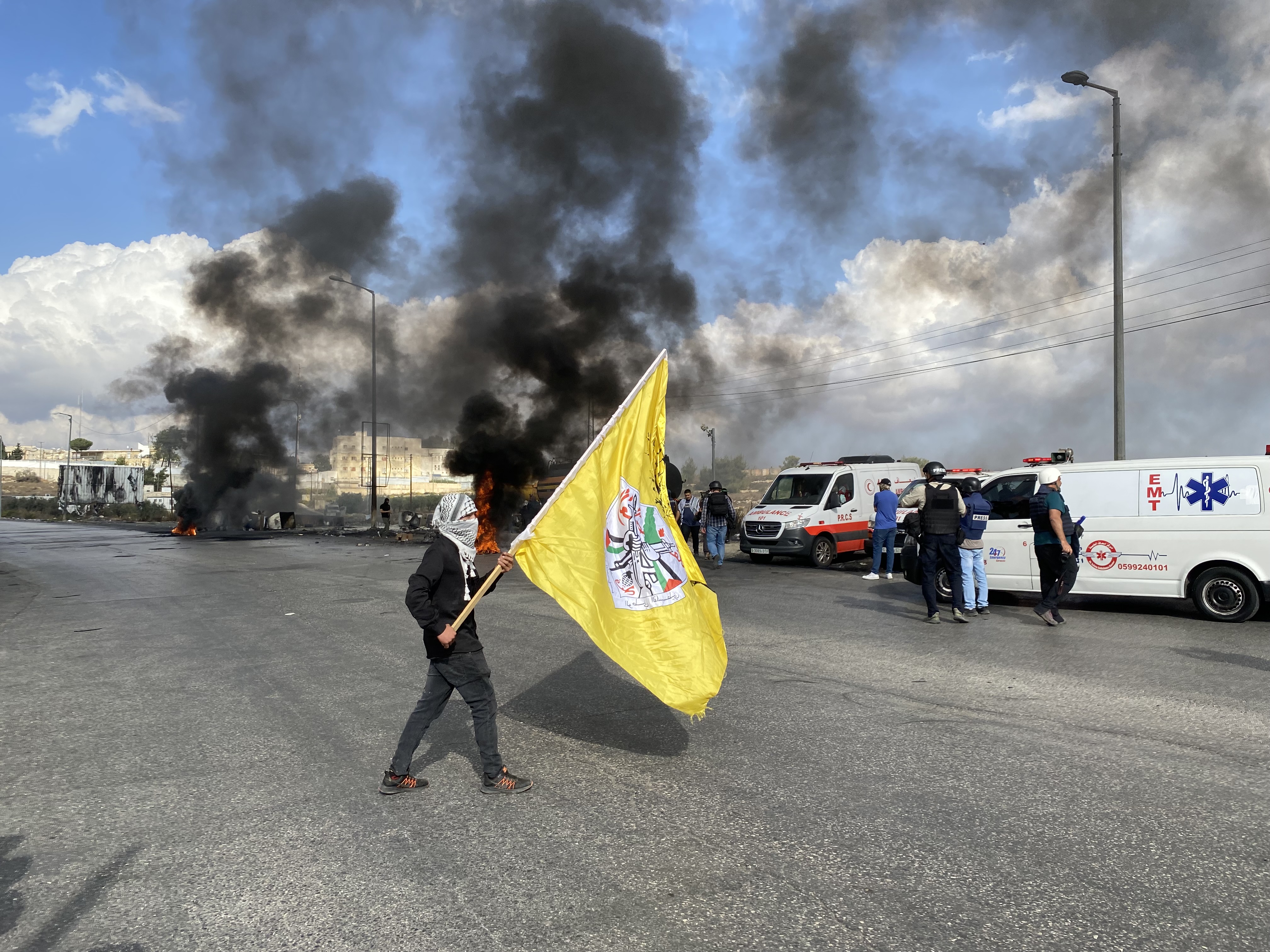 Palestinian youth at protest for Gaza in Ramallah, West Bank, Oct. 20, 2023.