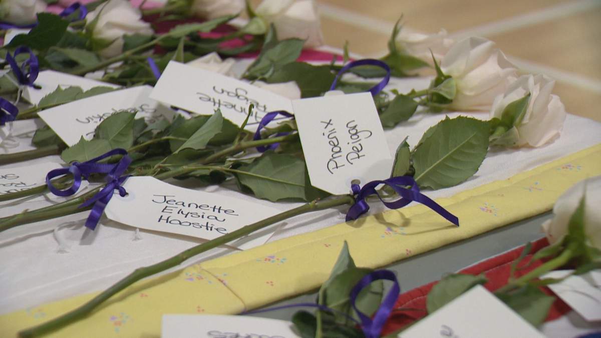 Walkers carried roses with tags bearing the names of Indigenous women and girls from Regina who are missing or murdered.