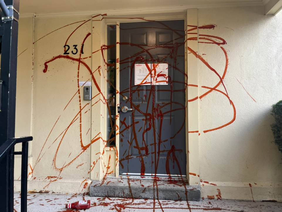 The downtown London, Ont., office of Liberal MP Peter Fragiskatos at 231 Hyman St. was vandalized with ketchup on Sunday during a pro-Palestinian rally.