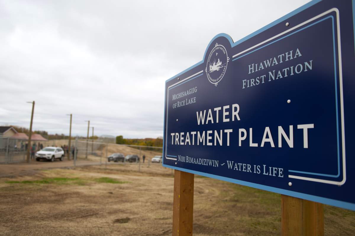 A sign outside the new water treatment plant in Hiawatha First Nation, Ont.