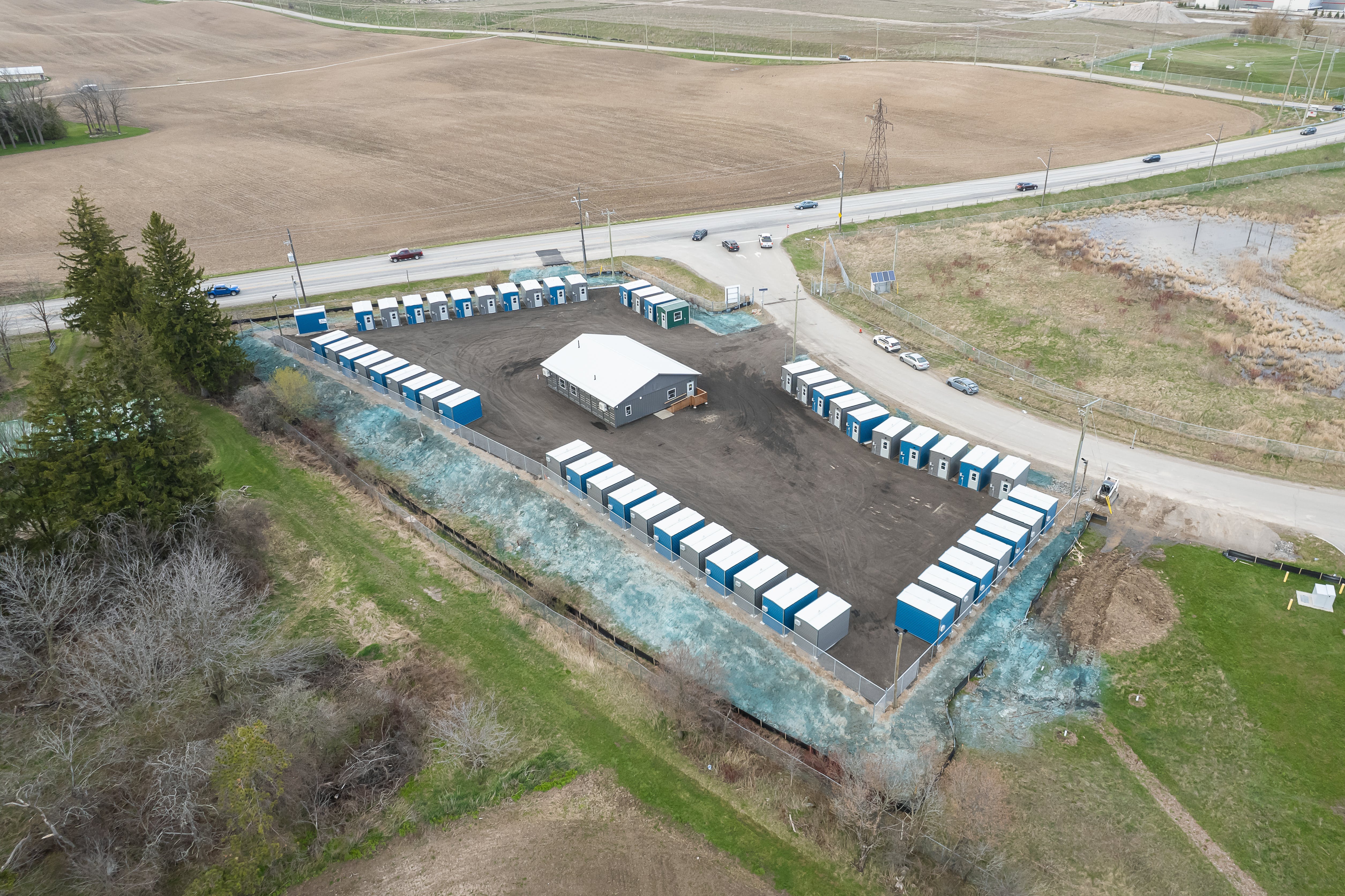 An overhead view of 8 by 13 foot cabins on Erbs Road in Waterloo, Ont. constructed by NOW Housing servicing individuals experiencing homelessness.