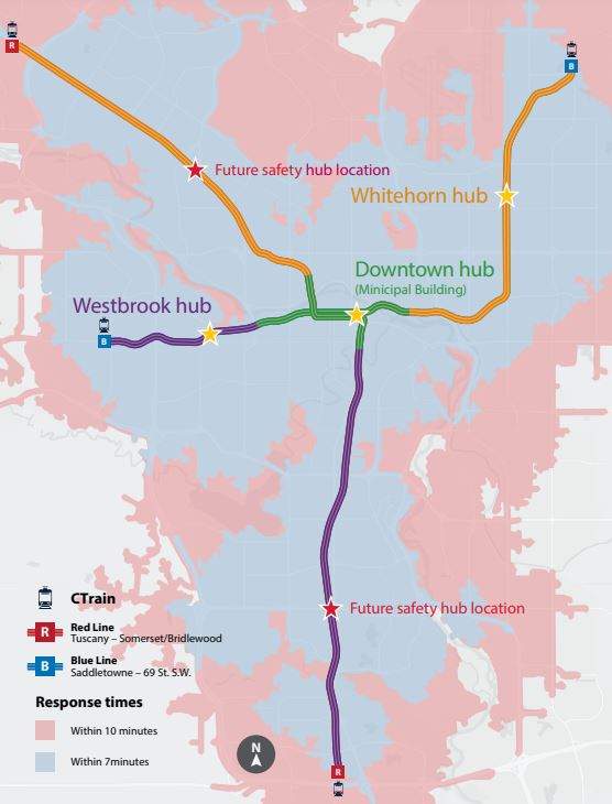 Map highlighting the three proposed peace officer districts and safety hubs along Calgary’s CTrain network.