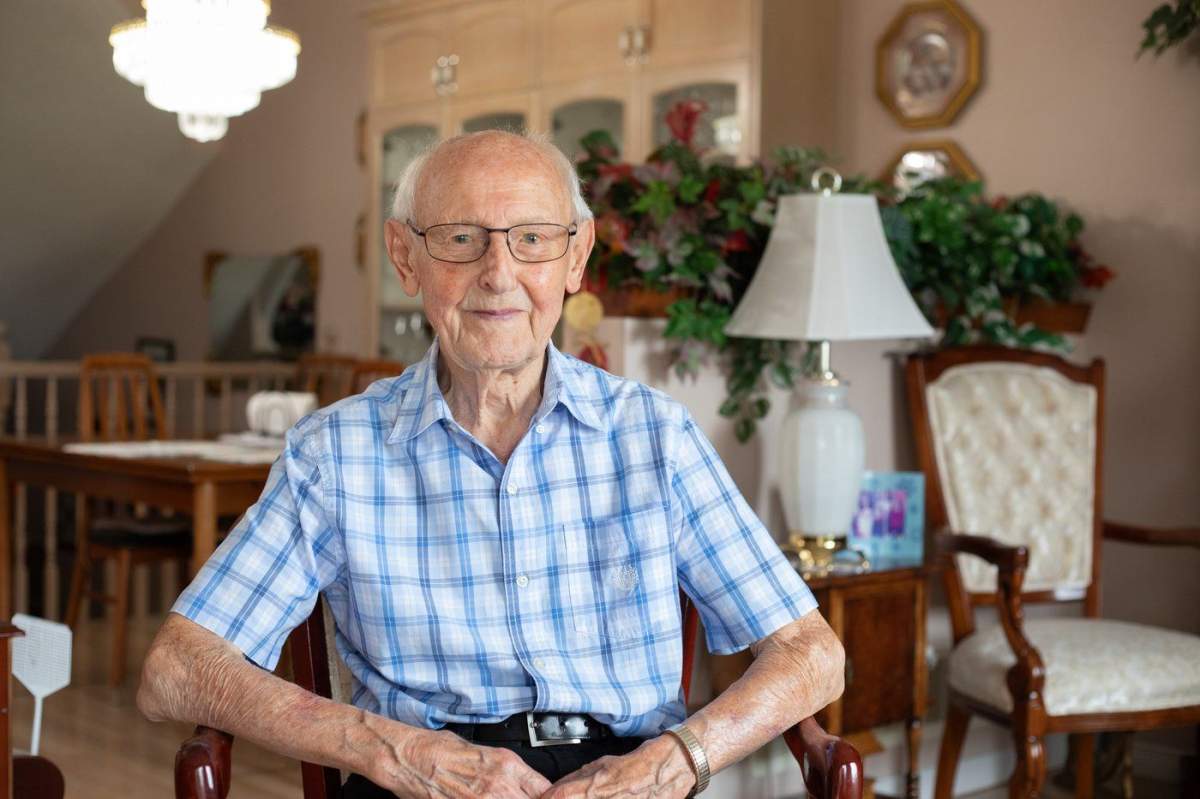 Walter Decker, 99, of Hamilton, Ont., climbed 1,776 steps to the top of the CN Tower over the weekend for the third time in support of charity. Decker is seen in an undated handout photo.