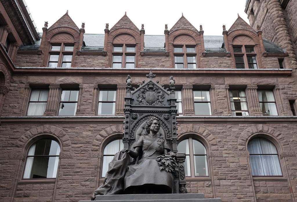 The newly placed statue honouring the late Queen Elizabeth II is unveiled at Queen's Park in Toronto on Tuesday, Nov. 7, 2023.
