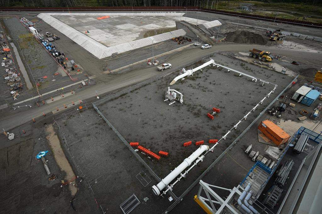 The terminus for the Coastal GasLink natural gas pipeline, bottom, is seen at the LNG Canada export terminal under construction in Kitimat, B.C., on Wednesday, September 28, 2022. TC Energy Corp. reported a loss in its latest quarter compared with a profit a year ago as it took an impairment charge related to its Coastal GasLink project.