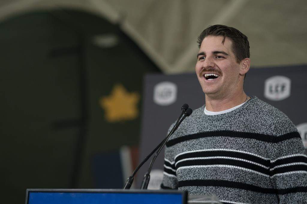 Quarterback Cody Fajardo speaks to the media in Hamilton, Ont. on Monday, Nov. 13, 2023.