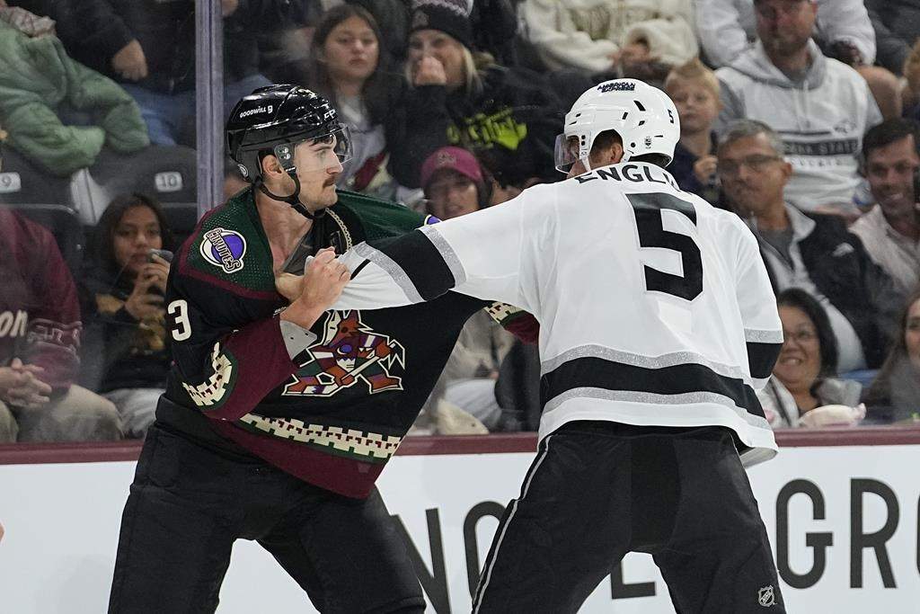 Los Angeles Kings defenceman Andreas Englund (5) and Arizona Coyotes defenceman Josh Brown (3) fight during the first period of an NHL hockey game, Monday, Nov. 20, 2023, in Tempe, Ariz.