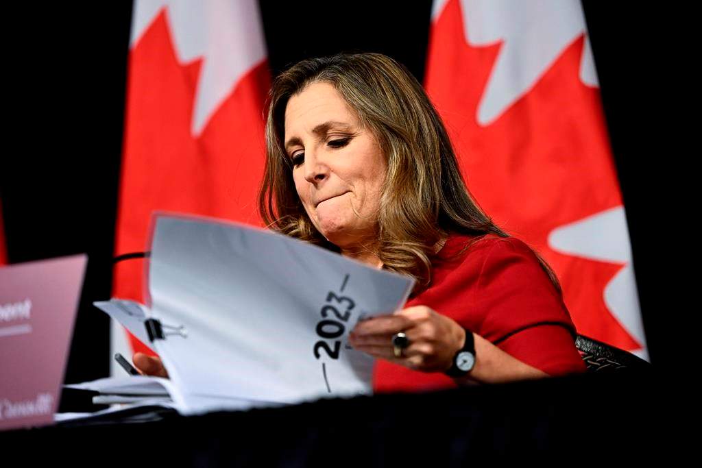 Minister of Finance Chrystia Freeland arrives at a news conference before the tabling of the Fall Economic Statement, in Ottawa, on Tuesday, Nov. 21, 2023. 