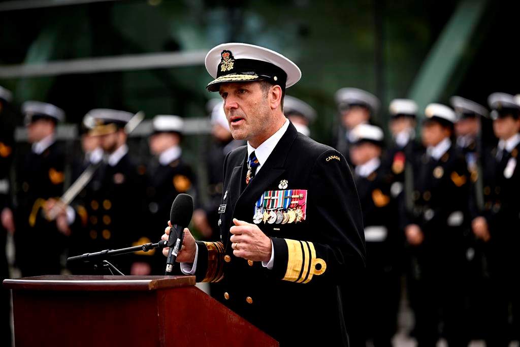 Vice-Admiral Angus Topshee, commander of the Canadian Navy, speaks during the rededication of the National Naval Reserve Monument at HMCS Carleton in Ottawa, on Saturday, Oct. 14, 2023. Topshee says the force is in a "critical state" with many occupations at or below 80 per cent of their normal staffing.