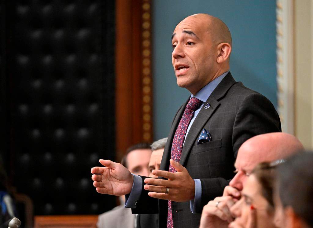 Quebec's legislature has unanimously adopted a motion in defence of Christmas. Christopher Skeete, the minister responsible for the fight against racism, introduced the motion which condemns the Canadian Human Rights Commission for describing Christmas as an "obvious example" of systemic religious discrimination linked to Canada's history of colonialism. Skeete responds to the Opposition during question period, Thursday, June 1, 2023, at the legislature in Quebec City. 
