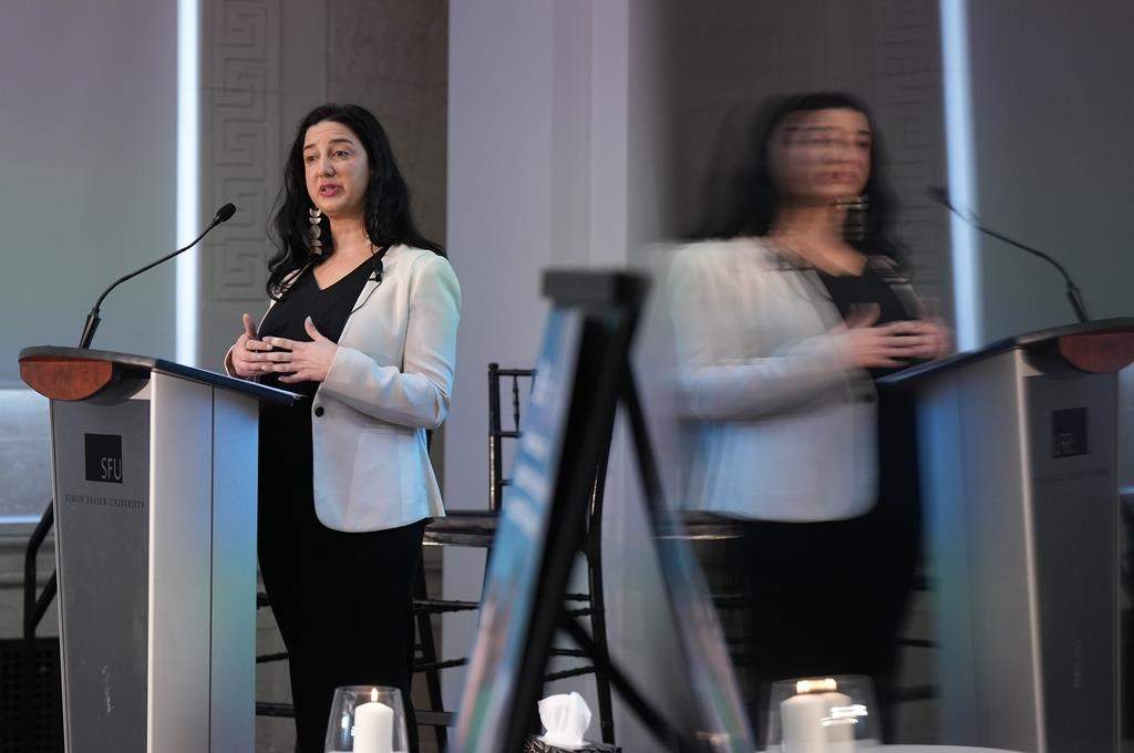 B.C. Human Rights Commissioner Kasari Govender speaks in Vancouver, on Tuesday, March 7, 2023.
