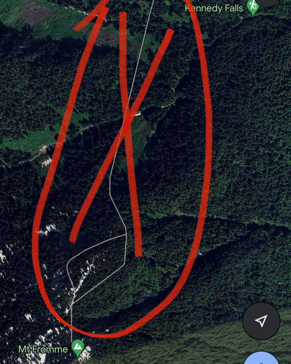 Google Maps screenshot showing a non-existent trail linking Mount Fromme and Kennedy Falls in B.C.