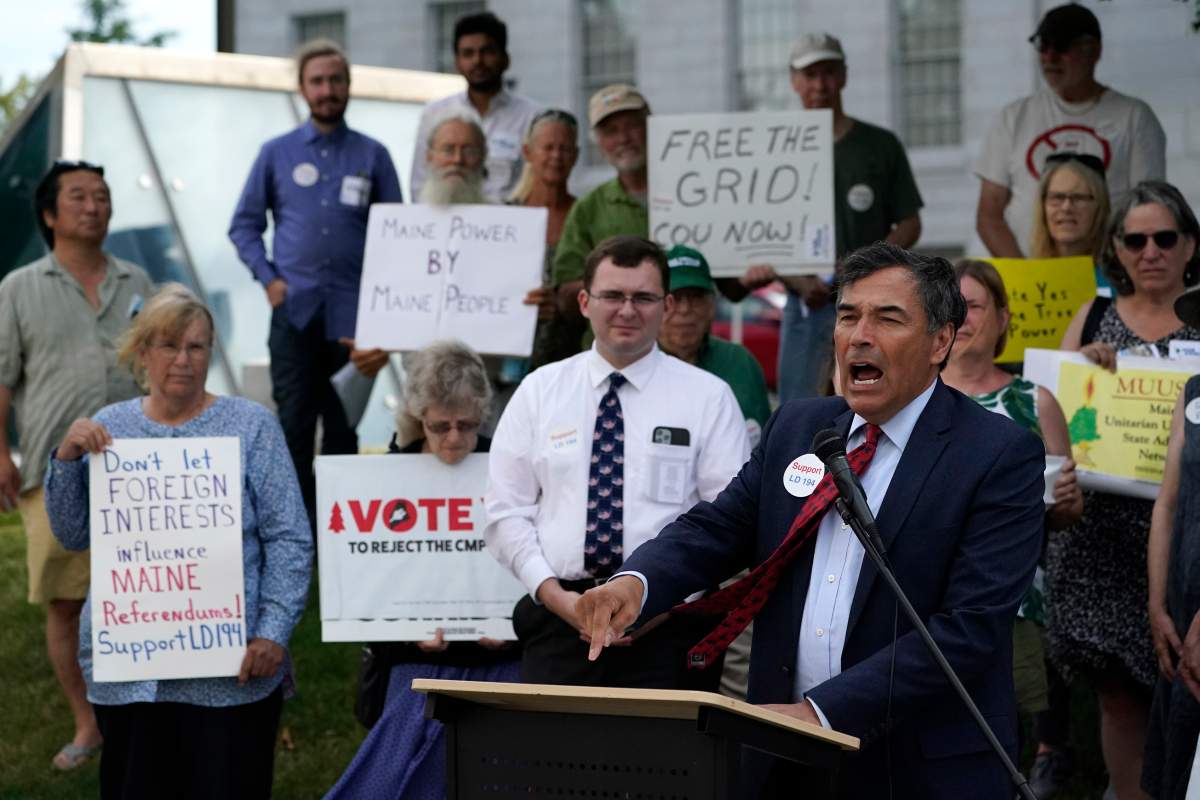 Sen. Richard Bennett, R – Oxford, speaks at a news conference about his desire to override Gov. Janet Mills’ veto of a bill that would have banned entities owned by foreign governments from influencing Maine elections, Wednesday, June 30, 2021, at the State House in Augusta, Maine. The bill was inspired by Hydro-Quebec’s vast spending to convince Maine voters to defeat referendums that would sink Central Maine Power’s controversial transmission project. (AP Photo/Robert F. Bukaty)