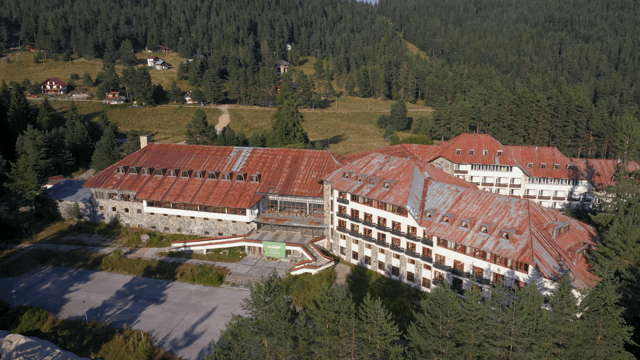 An aerial view of Coliving Semkovo. After selling 100 apartments, Zeitler raised enough capital to purchase the building in August 2023.