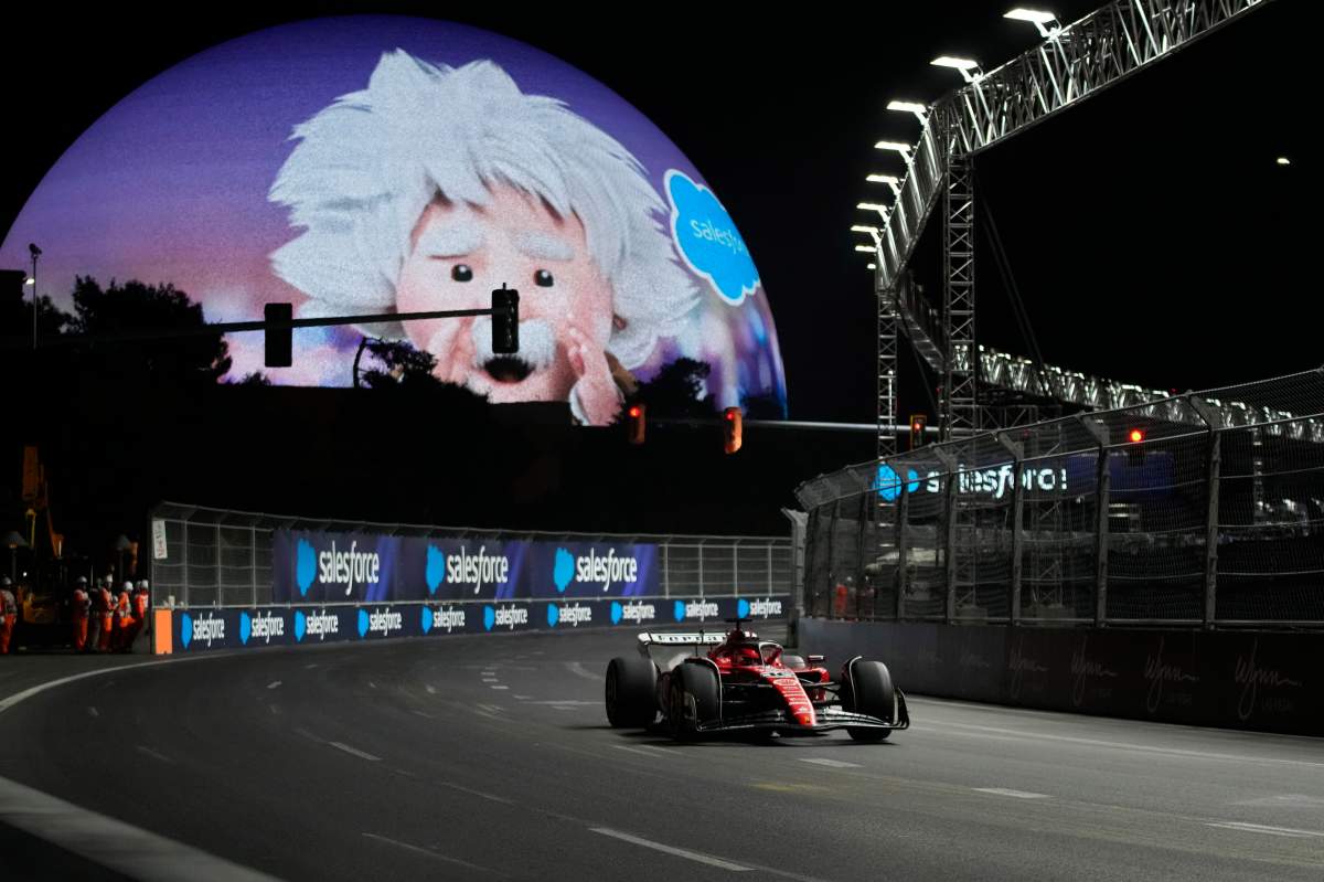Charles Leclerc pilots his Ferrari around the course during practice on Friday for the Las Vegas Grand Prix. He wound up winning pole position for Saturday night’s race.