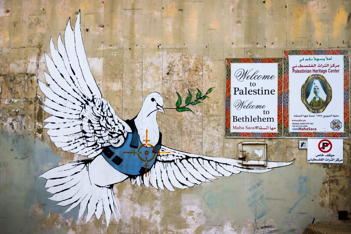 A spraypainted peace dove wearing a bulletproof vest.