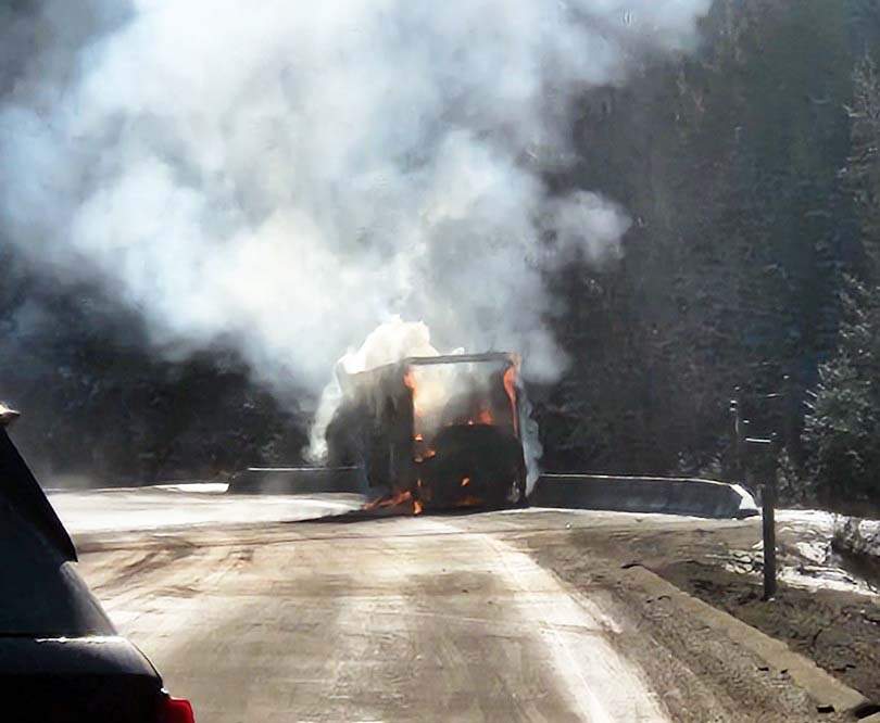 Police have blocked off the eastbound lanes along the Okanagan Connector because of a commercial truck fire.